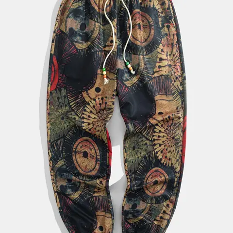 Men's  Ethnic Pattern Print Drawstring Waist Pants, Boho Style Loose Casual Comfy Pocket Jogger Pants  for Daily Wear, Woven Bottoms for Summer, Bohemian Street Trousers, Casual Streetwear Pants