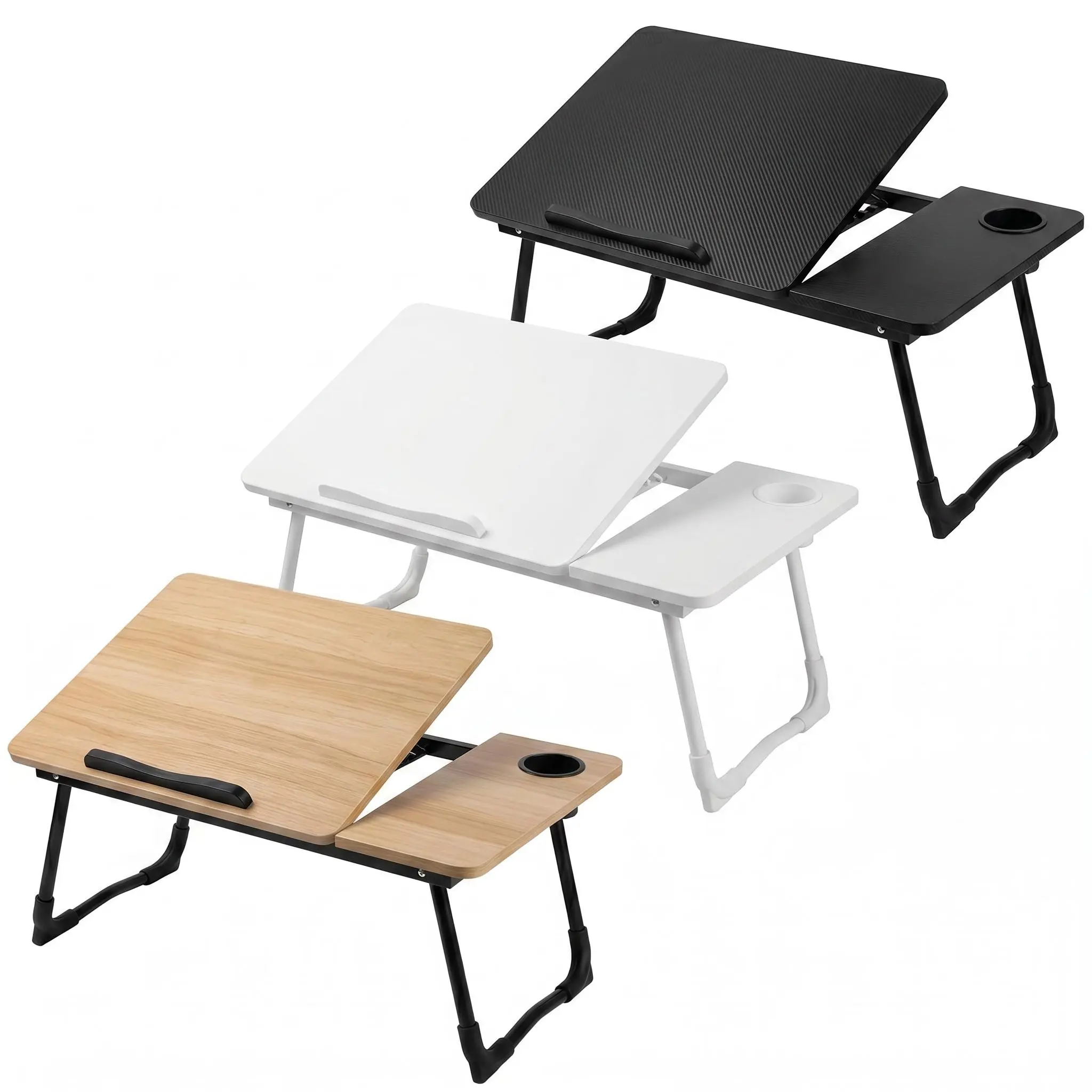 Matte Black Modern Foldable Laptop Bed Desk - 64cm Space Saving Adjustable Overbed Stand with Cup Holder, Anti-Slip Baffles, Ergonomic Design for Students, Couch Writing, Home Office, Modern Foldable Desk, Space Saving Desk