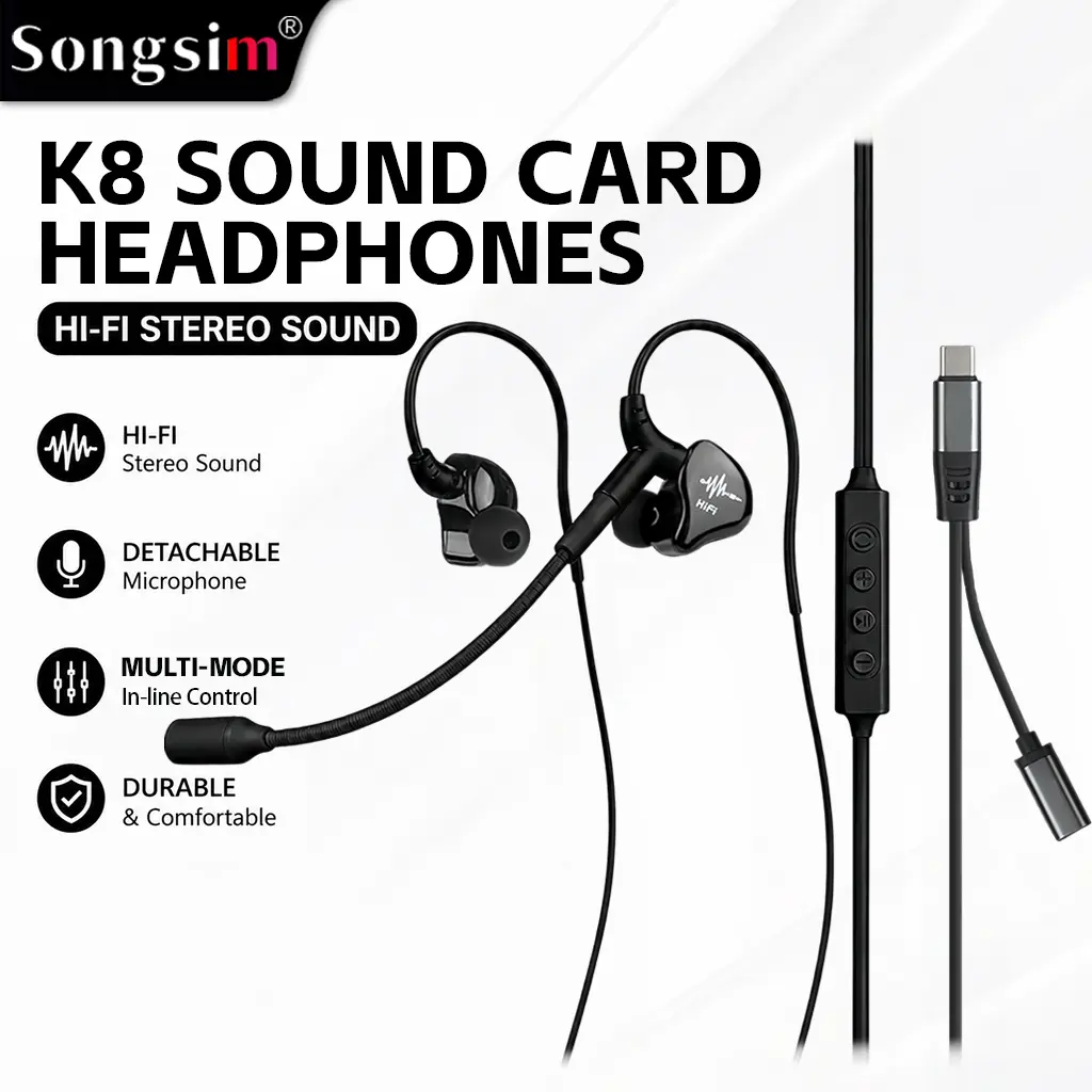 Songsim-K8 Wired Gaming Earphones with Detachable Mic, In-Ear Noise-Cancelling Headphones with HD Sound, Audio Positioning & Reverb Control. Type-C/Lightning. For Gaming, Singing, Recording & Streaming.