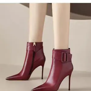 Women'S Pointed-Toe Ultra-High Heel Ankle Boots with Metal Buckle & Side Zipper Closure - Glossy Burgundy PU Cover, Comfortable Round Toe & Durable Rubber Sole for Parties, Work, Casual Attire - Elegant & Easy-On Booties, Party Footwear