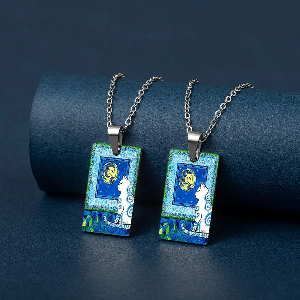 Personalized Tarot Card Cat Oil Painting Graffiti Cartoon 12 Constellation Color Printing Stainless Steel Necklace Pendant