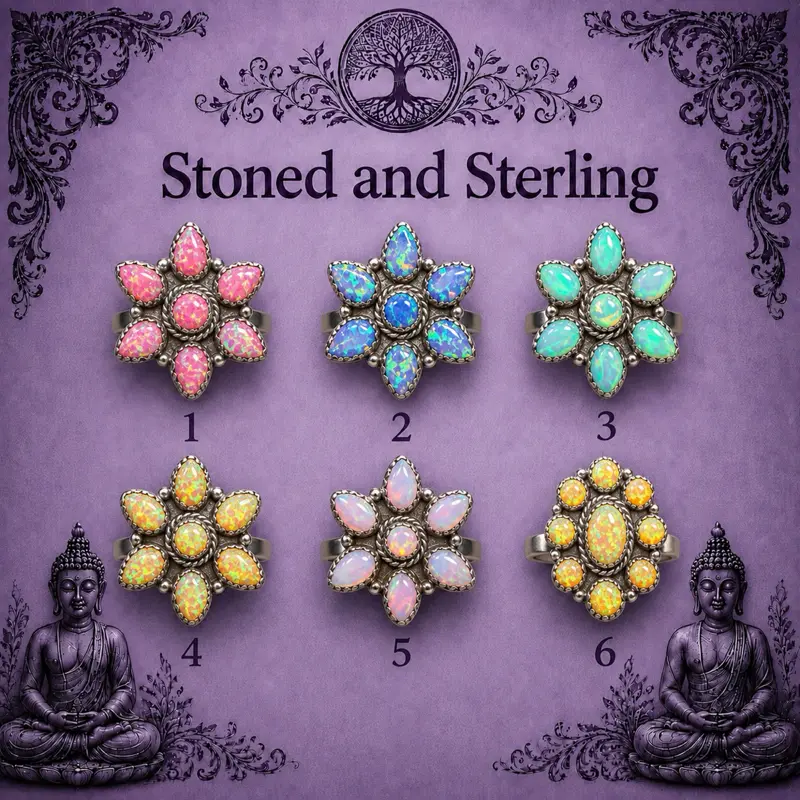 Aurora Opal and Sterling Silver Midi Cluster adjustable Rings