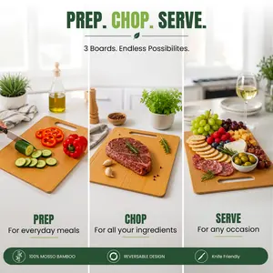 FRESHWARE 3-Piece Bamboo Wooden Cutting Boards Set – Large, Medium, Small Food-Grade Natural Non-Toxic Kitchen Chopping Boards with Handles, Glass-Compatible, Sturdy, Lightweight, Stylish for Meat, Cheese, Food-Grade Chopping Boards, Natural Chopping Boar