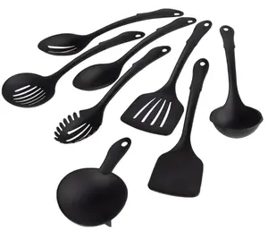 8-Piece Nylon Kitchen Utensil Set with Connector Ring, Black Plastic