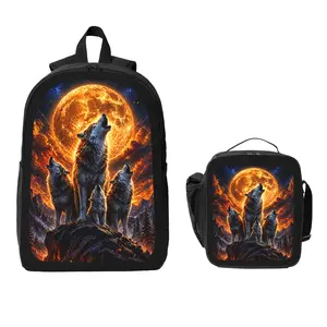 Cute Dreamy Starry Sky Wolf Backpack and Lunch Bag Set Bundle Large Capacity Backpack with Insulated Lunch Tote Lightweight Durable Multi Pocket Design Comfortable Shoulder Straps Travel Daily Use Organizer Stylish Matching Set Unisex