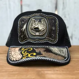“El Potro de Oro” Black Western Style Cap with Horse and Horseshoe for Men