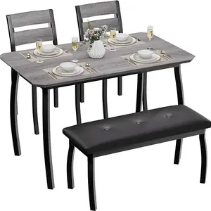 Dining Table Set for 4,Sturdy Wooden Kitchen Table with Chamfer Design and Metal Legs, Upholstered Bench for Home ,Kitchen