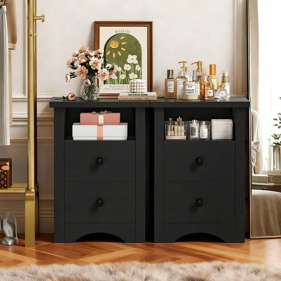2-Piece Farmhouse Nightstands - Compact Modern Rustic Waterproof MDF Wood & Metal Modern Storage Cabinet, 2 Drawers, Open Shelf, Farmhouse Accent Console for Bedroom, Guest Room (23" h x 15.7" w x 13.8" d, White/Brown)