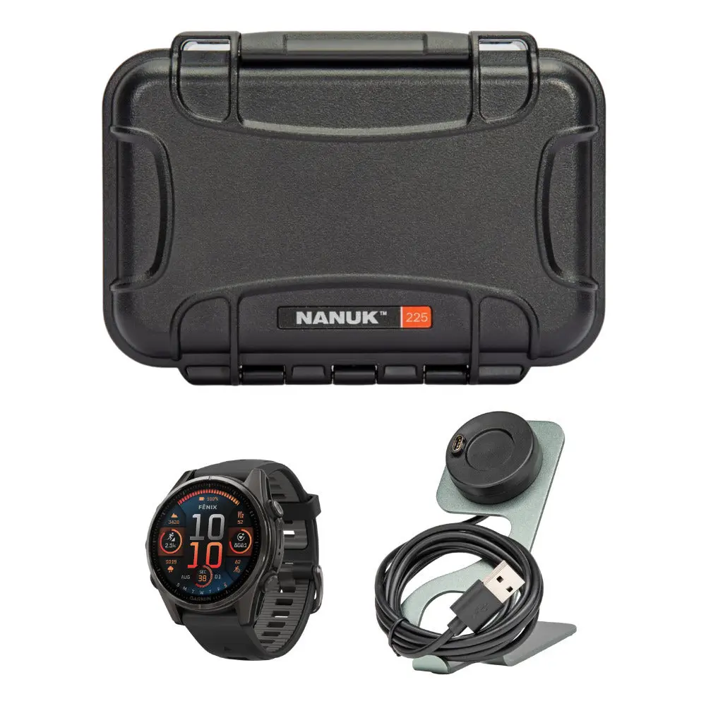 Garmin fenix 8 43mm Durable Dustproof Titanium Alloy Wearable Tech GPS Smartwatch Bundle, Carbon Gray DLC Titanium-Black-Pebble Gray, Adjustable Band, USB Charging Capable Devices, Gps Tracking