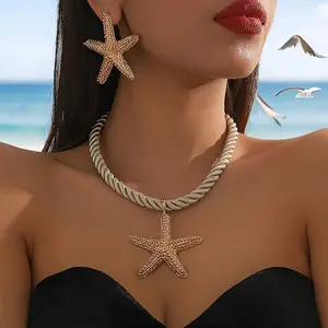 3Pcs/Set Exquisite Starfish Pendant Necklace Bohemian Chic Starfish Drop Earrings Set Vintage Handmade Exaggerated Golden Starfish Pendant Braided Necklace Weddings, Proms, Music Festivals, and Holiday Wear Accessories