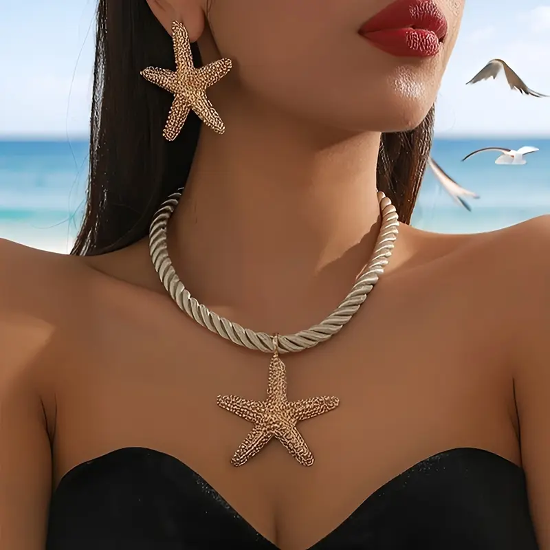 3Pcs/Set Exquisite Starfish Pendant Necklace Bohemian Chic Starfish Drop Earrings Set Vintage Handmade Exaggerated Golden Starfish Pendant Braided Necklace Weddings, Proms, Music Festivals, and Holiday Wear Accessories