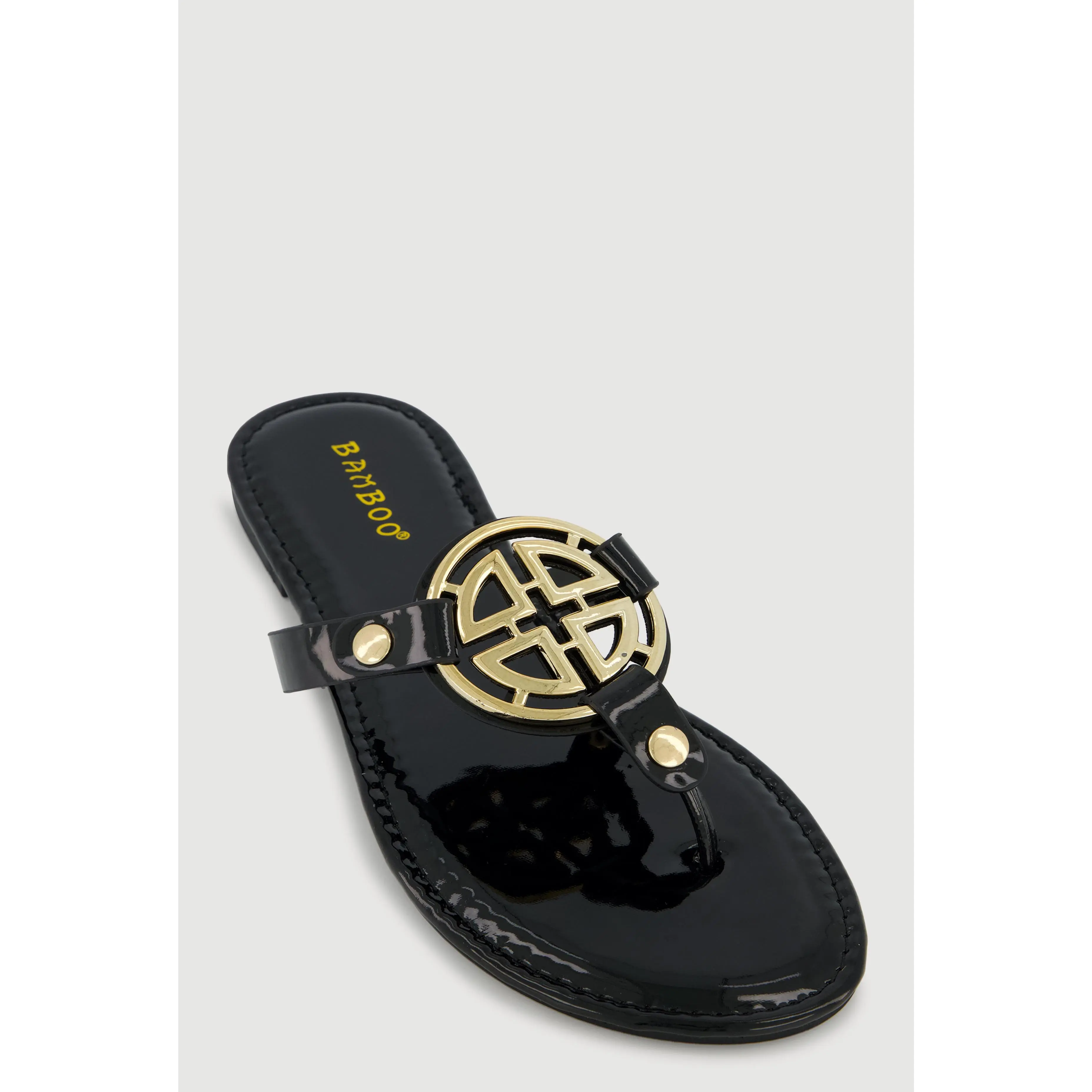 Metallic Geometric Pendant Studded Thong Sandals
