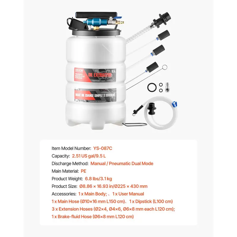 VEVOR 9.5L Manual/Pneumatic Vacuum Oil Extractor Pump, 59in Long Horse Brake-Fluid Hose, 3x47in Ext Tubes, Durable PE Tank, Airtight No-Drip Seal for Oil Change, Cars, Lawn Equipment VEVOR 9.5L Manual/Pneumatic Vacuum Oil Extractor Pump, 59in Long Horse Brake-Fluid Hose, 3x47in Ext Tubes, Durable PE Tank, Airtight No-Drip Seal for Oil Change, Cars, Lawn Equipment