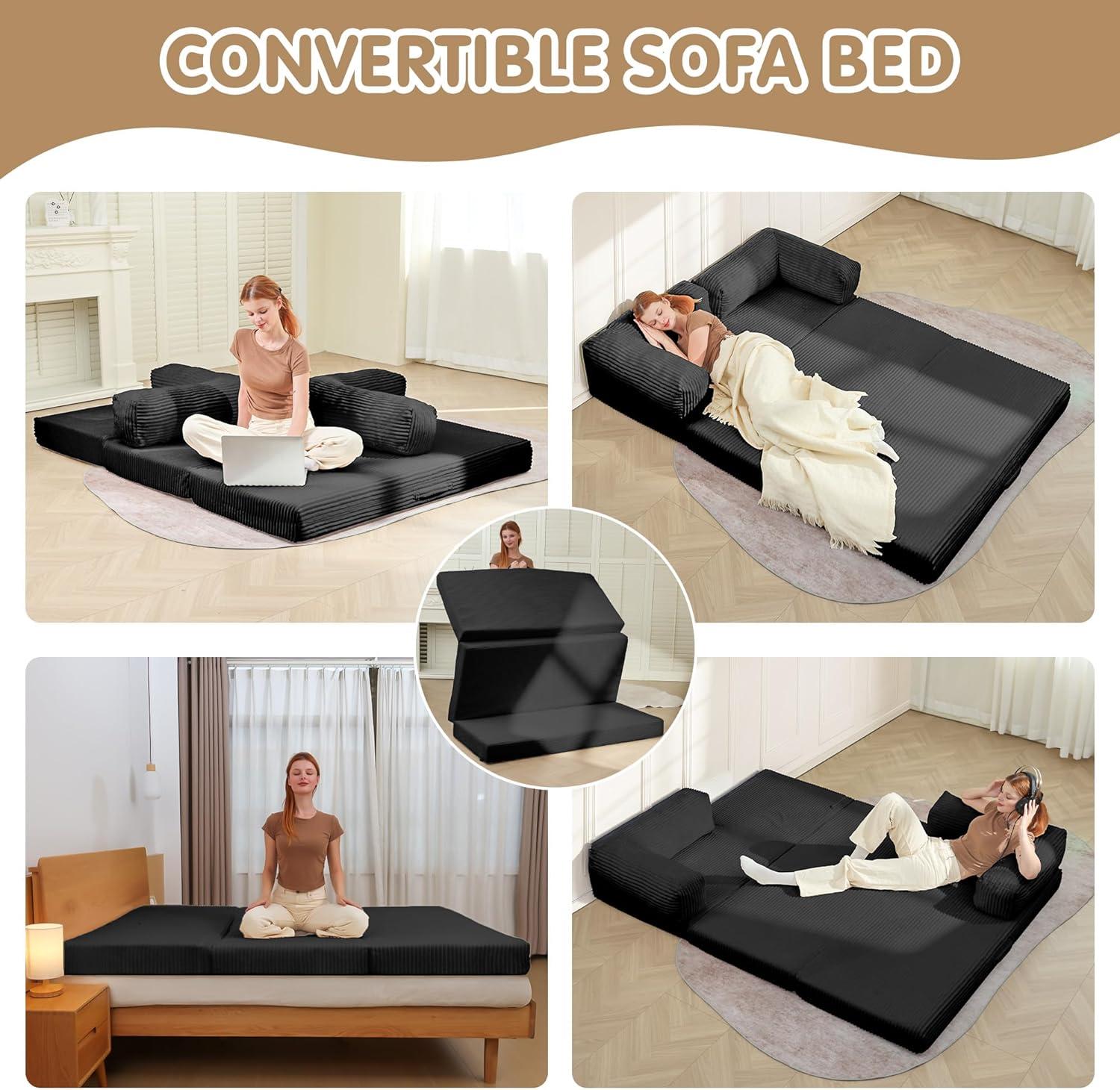 Winzoo 5-in-1 Convertible Sofa Bed,Boneless Couch Tri Folding Floor Mattress with Removable L-Shaped Armrests & Handle,Corduroy Futon Couch Sleeper with Pull Out Bed for Living Room Bedroom Apartment