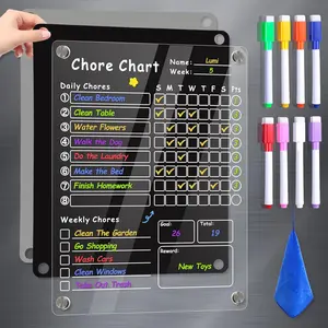 Magnetic Dry Erase Chore Chart for Kids, 12"x9.5" Transparent Erasable Reward Chore Checklist for Teens Adults with 6 Markers and Towel