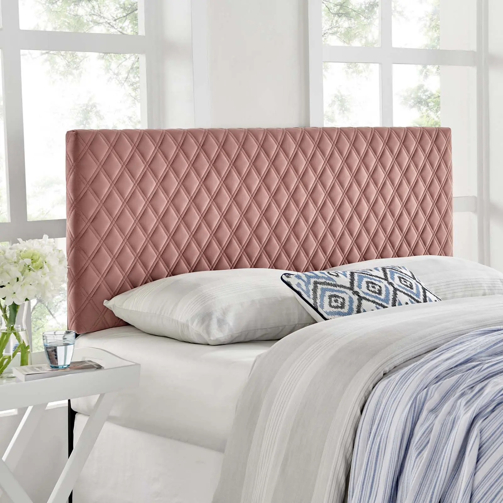 Modway Angela California King Performance Velvet Headboard with Textured Diamond Pattern, Dusty Rose Wood Frame
