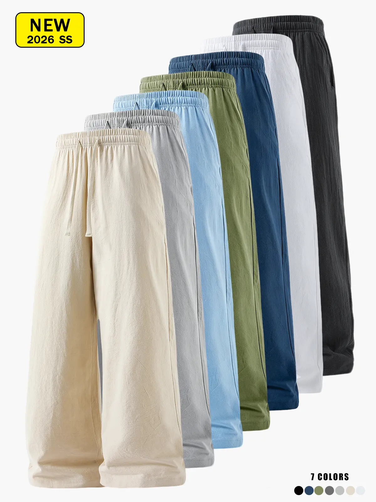 Men’s summer lightweight 100% cotton-linen casual athletic pants, loose straight fit, skin-friendly, comfortable, breathable