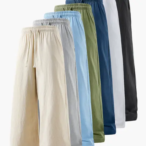 Men’s summer lightweight 100% cotton-linen casual athletic pants, loose straight fit, skin-friendly, comfortable, breathable