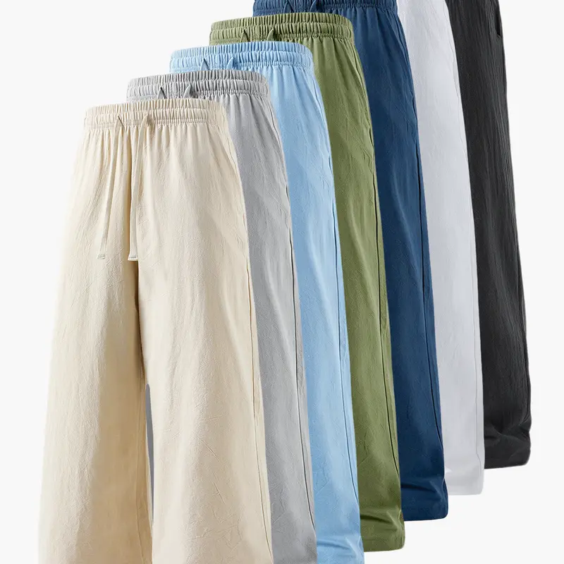 Men’s summer lightweight 100% cotton-linen casual athletic pants, loose straight fit, skin-friendly, comfortable, breathable