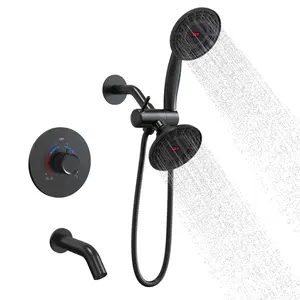 Double Handle 2-Spray Shower Faucet Set 2.5 GPM with High Pressure in Matte Black (Valve Included) canopy  showerhead