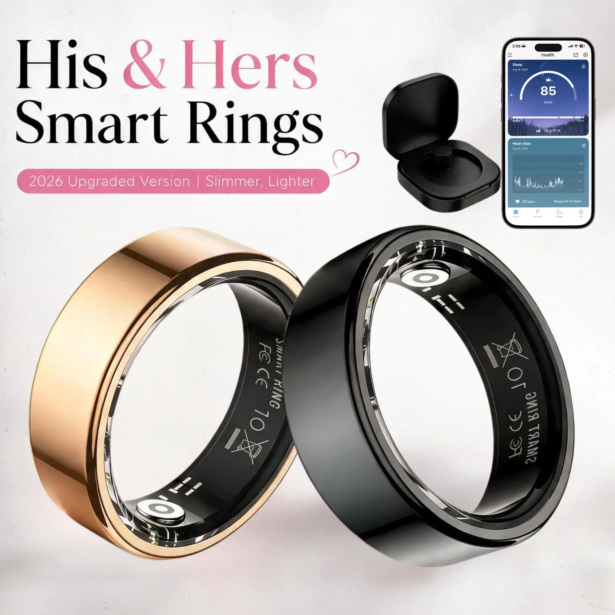 Hillakyo 2026 Upgraded Minimalist Unisex Smart Ring - No Subscription, Bluetooth Sync, IP68 Waterproof Fitness & Wellness Tracker with Activity Track, Steps, 24H Sleep, Heart Rate, Body Temp, Stress, Menstrual Cycle, Camera Control, Ideal Gift for Couples