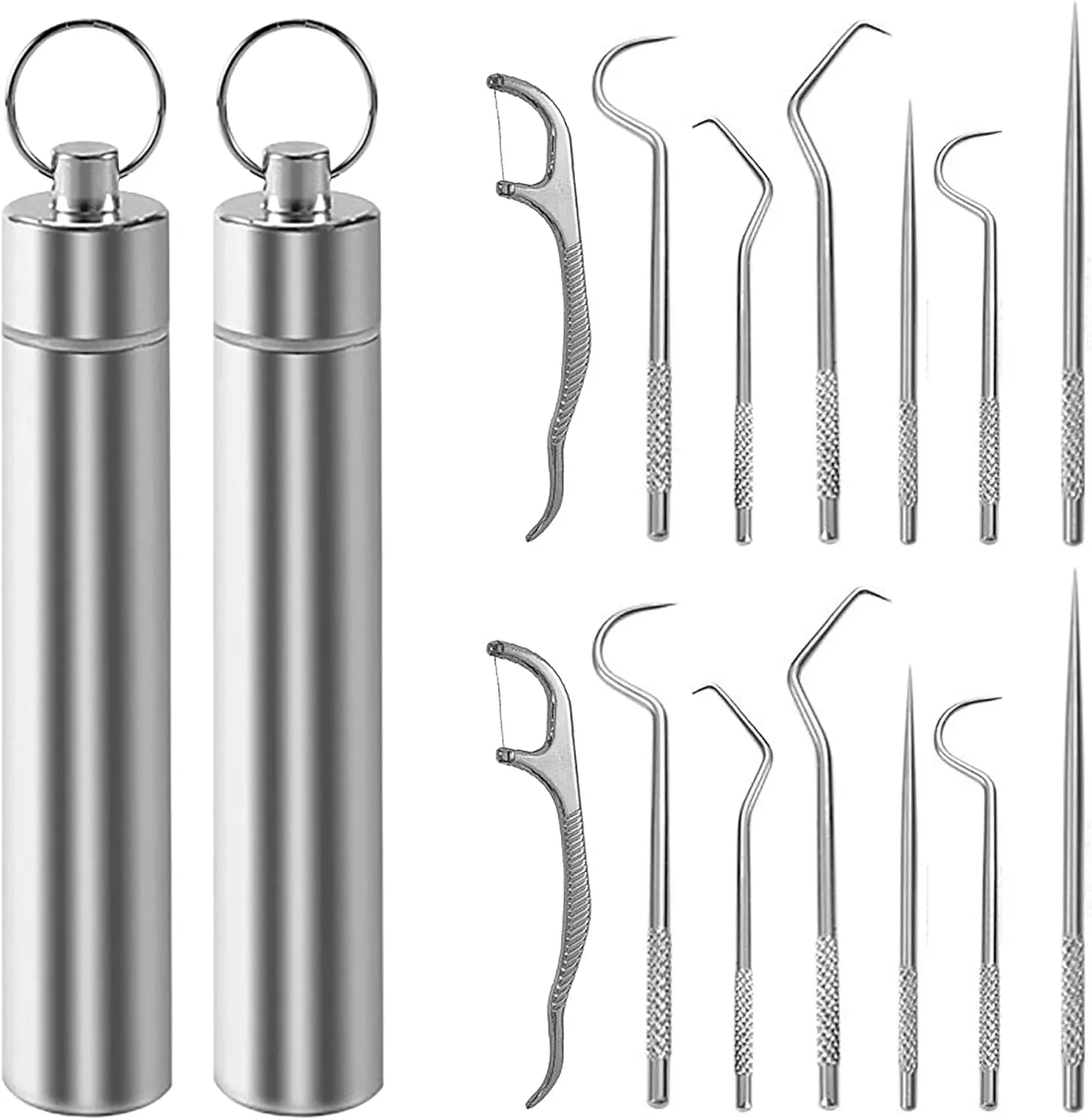 Toothpick pocket set, dental floss stick set reusable, stainless steel teeth cleaning tool, tooth extractor for oral hygiene travel (2 sets) Oral Care Supplies,Flossing Picks