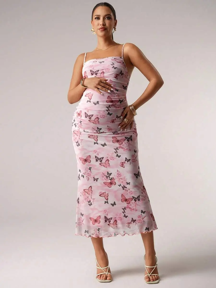 MaterniRIO Pink Butterfly Print Maternity Sundress Women Romantic Brunch Fall Wedding Guest Date Night Outfits