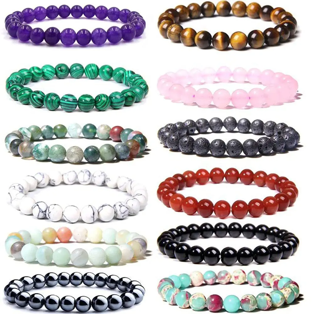 12pcs Natural Stone beaded stretch bracelet 8mm Semi Crystal  Precious Bracelet Round Beaded Tiger Eye Agate Unisex Bracelet, Holiday Simple Gifts for Men Women