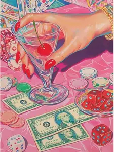 5D Full Drill Diamond Painting Kit, Pink Casino Cocktail Night Art, Glam Poker & Cherry Drink DIY Wall Decor