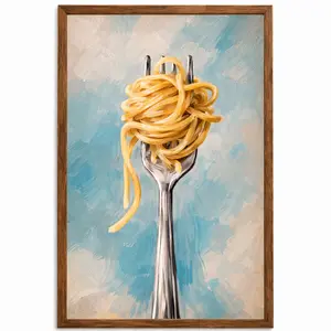 Kitchen Wall Art Framed 11x17 – Spaghetti on Fork Oil Painting Print, Mediterranean Food Poster, Pasta Wall Decor for Dining Room, Cafe or Restaurant (Brown Frame)