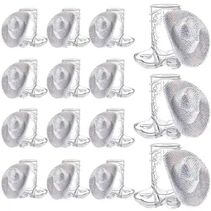 30-Piece Sturdy Western Cowboy Style Mini Hat & Boot Shot Glasses, Sequined Lightweight Disposable Silver Plastic Drinkware, Kitchenware Accessory for Themed Parties & Dollhouse Decor