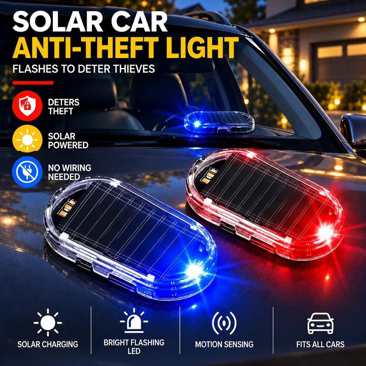 Solar Powered Plastic Fake Car Alarm Lamp - Auto Light Sensor LED Security Warning Flasher, No-Wiring DIY Anti-Theft Dummy Device for Home Vehicle Security Decor