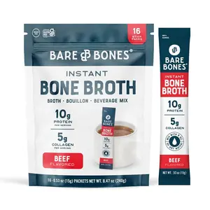 Bare Bones Beef Bone Broth Instant Powdered Mix Packets | 5g Collagen | 10g Protein | Keto & Paleo Friendly | No Artificial Flavors | Rich Savory on-the-go 16 Pack