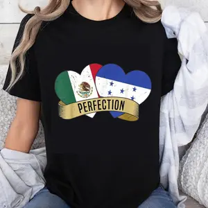 100% Cotton Fashion Garment Mexico and Honduras Flag Heart Design Perfection T-Shirt for Women Men Unisex Patriotic Love Couple Gift Apparel