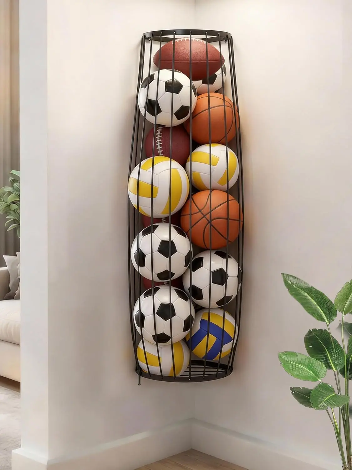 AIDILI Black Wall-Mounted Corner Garage Ball Storage Rack - Adjustable, Expandable Multi-Ball Racks & Displays with Elastic Cords, High Load Large Capacity Organizer for Basketball, Soccer, Easy Installation