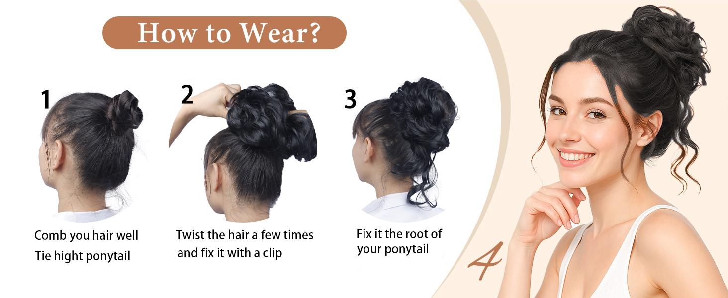 2PCS Messy Bun Hair Pieces Wavy Curly Synthetic Updo Chignon Fake Scrunchies Ponytail Extension for Women