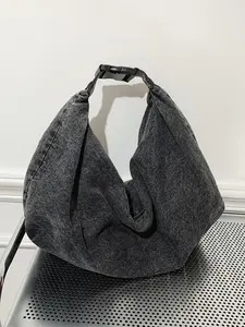 Retro distressed denim pleated design one-shoulder tote bag, personalized lazy style wide shoulder strap one-shoulder underarm bag, niche casual fashion all-match suitable for students   office workers daily commuting, shopping etc., Trendy Vintage Bag