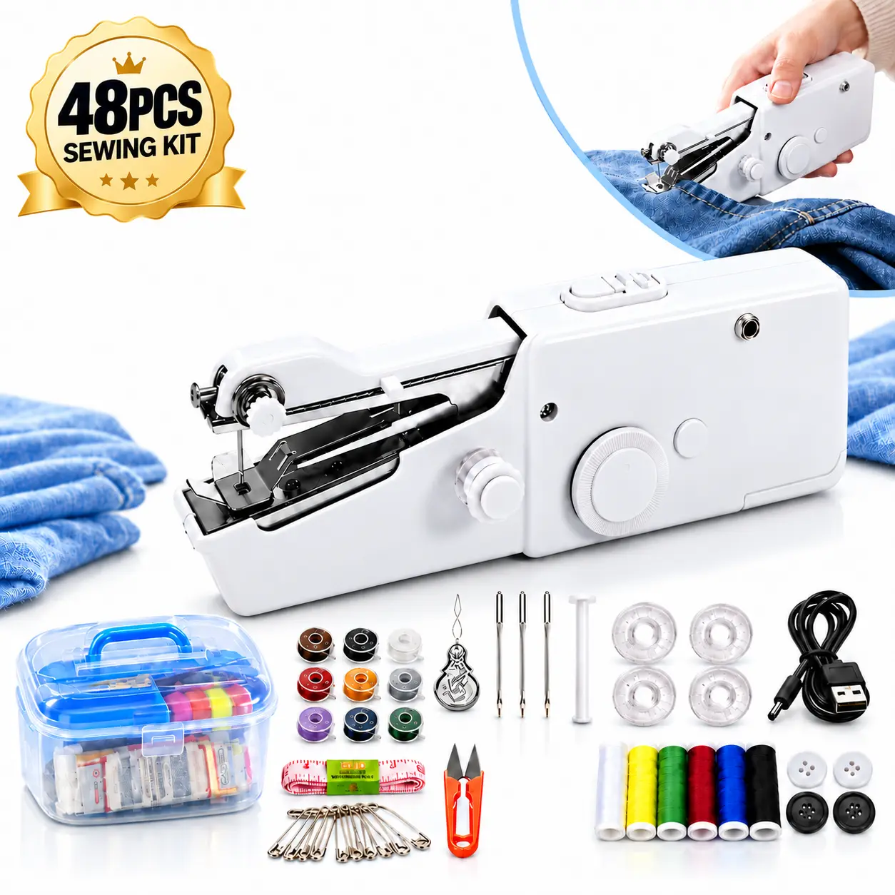 [B]48PCS Portable Sewing Kit - USB Battery-Powered, Lightweight Sewing Supplies with Threads, Needles & Accessories for Quick On-the-Go Repairs