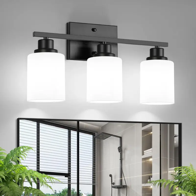Ascher Modern 3-Light Black Vanity Wall Sconce - E26 Base, Frost Glass Shades, Eye-Friendly Glare-Free Indoor Decorative Mood Lighting, CFL-Compatible All Seasons Home Improvement Fixture (Uniform Glow, Bulbs Not Included)