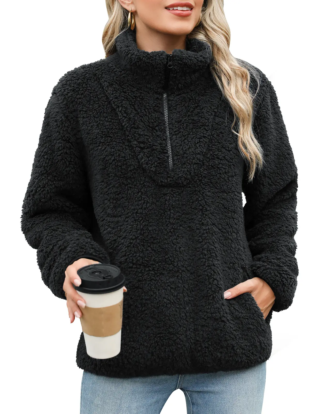 HEEKPEK Womens Half Zip Fleece Pullover Sherpa Jacket | Half Zip Tops, Fuzzy Sweater, Soft Cozy Sweatshirt with Pockets, Winter, Warm Coat, Travel Outfits