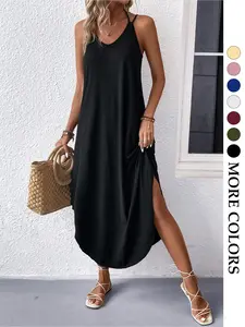Women's Plain V-Neck Sleeveless Spaghetti Strap Black Dress, Loose Fit Hidden Fat Covering Irregular Hem Split, Fashion Slimming Casual Long Dress