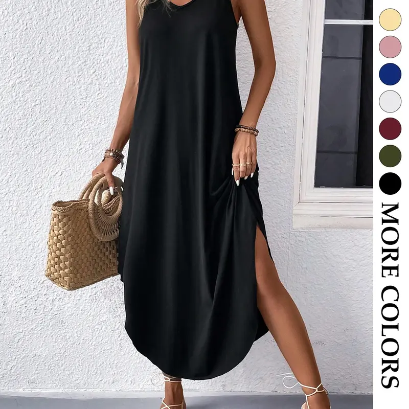 Women's Plain Minimalist Basic V-Neck Sleeveless Dress, Loose Fit Hidden Fat Covering Irregular Hem Split, Fashion Slimming Casual Wear Long Dress, Flowy Dress