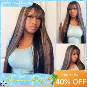 Live Menglle Hair Honey Blonde highlight 13x4 Long Straight With Bangs Glueless Human Hair Lace Front Wig Burgundy Silky Straight Lace Wig Easy Wear 180% Density#tiktokshopholidayhaul#Summervibes