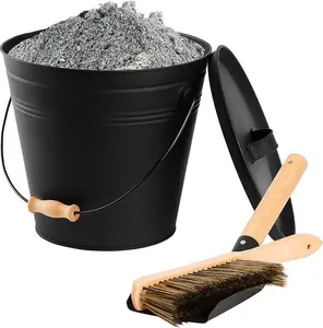 3.5 Gallon Mini Ash Bucket with Lid,Shovel,Broom and Screwdriver,Iron Metal Bucket,Pellet Charcoal Bucket Ash Can for Fireplace Fire Pits,Hearth,Wood Stoves,Indoor Outdoor，Black