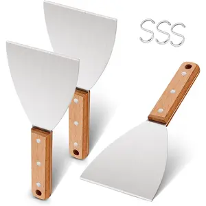 Grill Griddle Scraper Set of 3,  Stainless Steel Metal Flat Top Grill Scraper Tool for Teppanyaki BBQ Dough Pancake Pizza  Baking Cooking, Wooden Grip