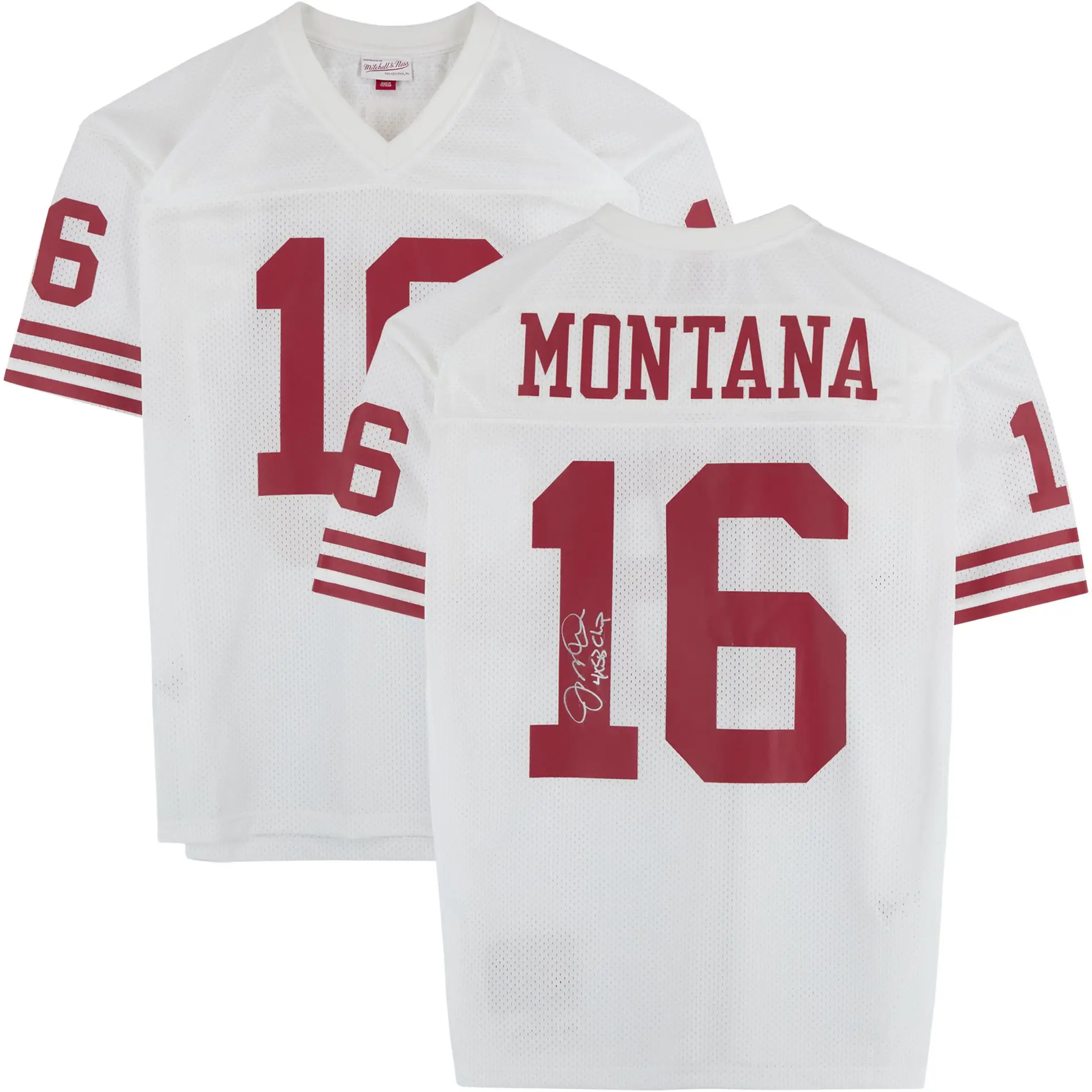 Joe Montana San Francisco 49ers Autographed Mitchell and Ness White Authentic Jersey with "4x SB Champ" Inscription - Fanatics Authentic Certified