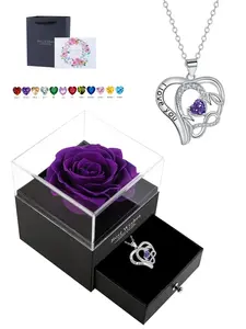 Mom Necklace Gift for Women, Rose Flower Heart Pendant with Box, Birthday Mother's Day Jewelry, Elegant Plain Style, All Seasons