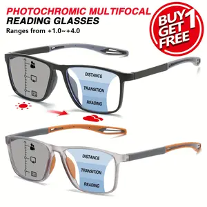 2pcs Sports Style Multifocal Reading Glasses, 2-in-1 Progressive Lens with Photochromic Function for Eye Protection, TR90 Temple Anti-Slip Durable, Indoor and Dual-Purpose Men's Women's Presbyopia Glasses Grey+Orange