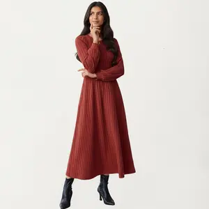Anna-Kaci Women's Long Sleeve Pleated Maxi Dress with Fitted Bodice and Flowing Skirt Design - Small, Rustic Red