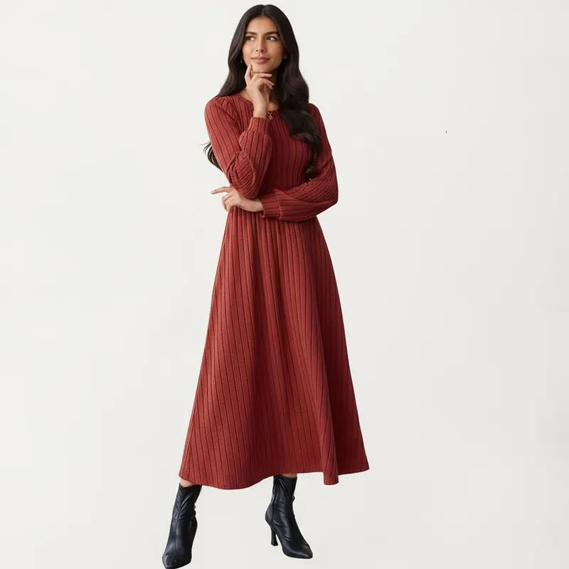 long dress fit and flare Wine Long Sleeves Fit and Flare Wrap Maxi Dress with Lace Belt for Wom main image 1